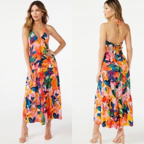 sofia by sofia vergara Dresses & Skirts - Sofia Jeans By Sofia Vergara Womens Halter Plunge Neck Maxi Dress XXXL Tropical
